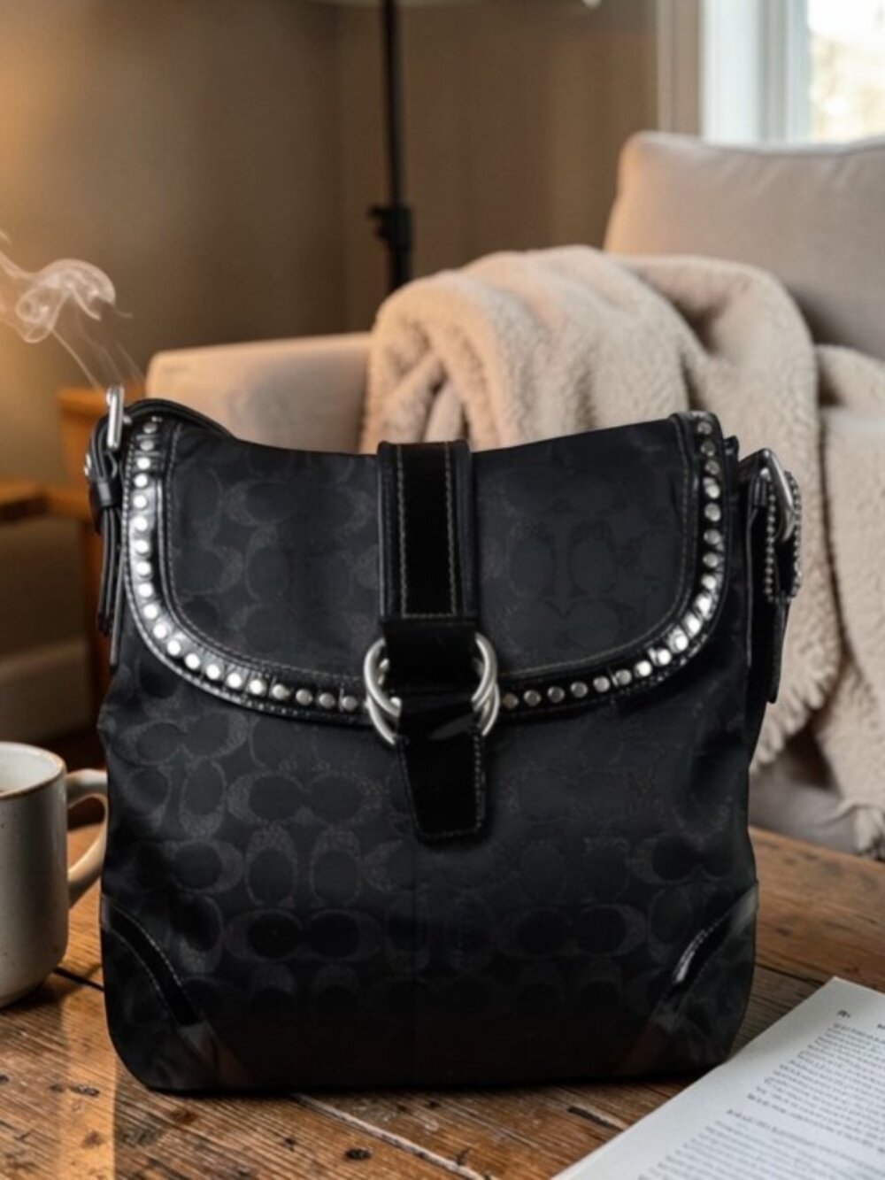 Coach Black Signature Studded Shoulder Bag